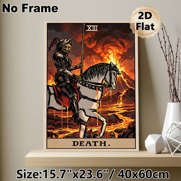 Death Tarot Card Painting Poster, Dark Gothic Dramatic Skeleton Knight On Horse With Erupting Volcano Poster, Mysterious Tarot-inspired Decor Ideal_maomaolike.com