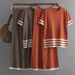 Women's Clothing contrast striped split short sleeved sweater + high waisted slim wide leg pants trousers fashionable casual two piece suit_maomaolike.com