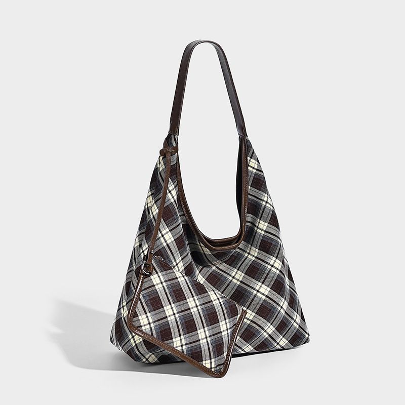 Retro Plaid For Women 2026 New Style Relaxed Large Capacity Tote Commuting Single Shoulder Underarm Bag_maomaolike.com