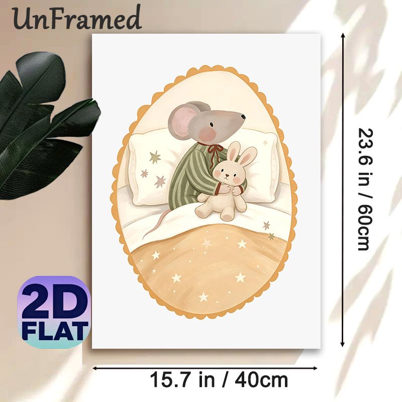 Bedtime Mouse With Bunny Painting Poster, Warm-toned Cute Cartoon Style Poster, Cozy Gentle Design With Star Details, Ideal For Bedroom_maomaolike.com