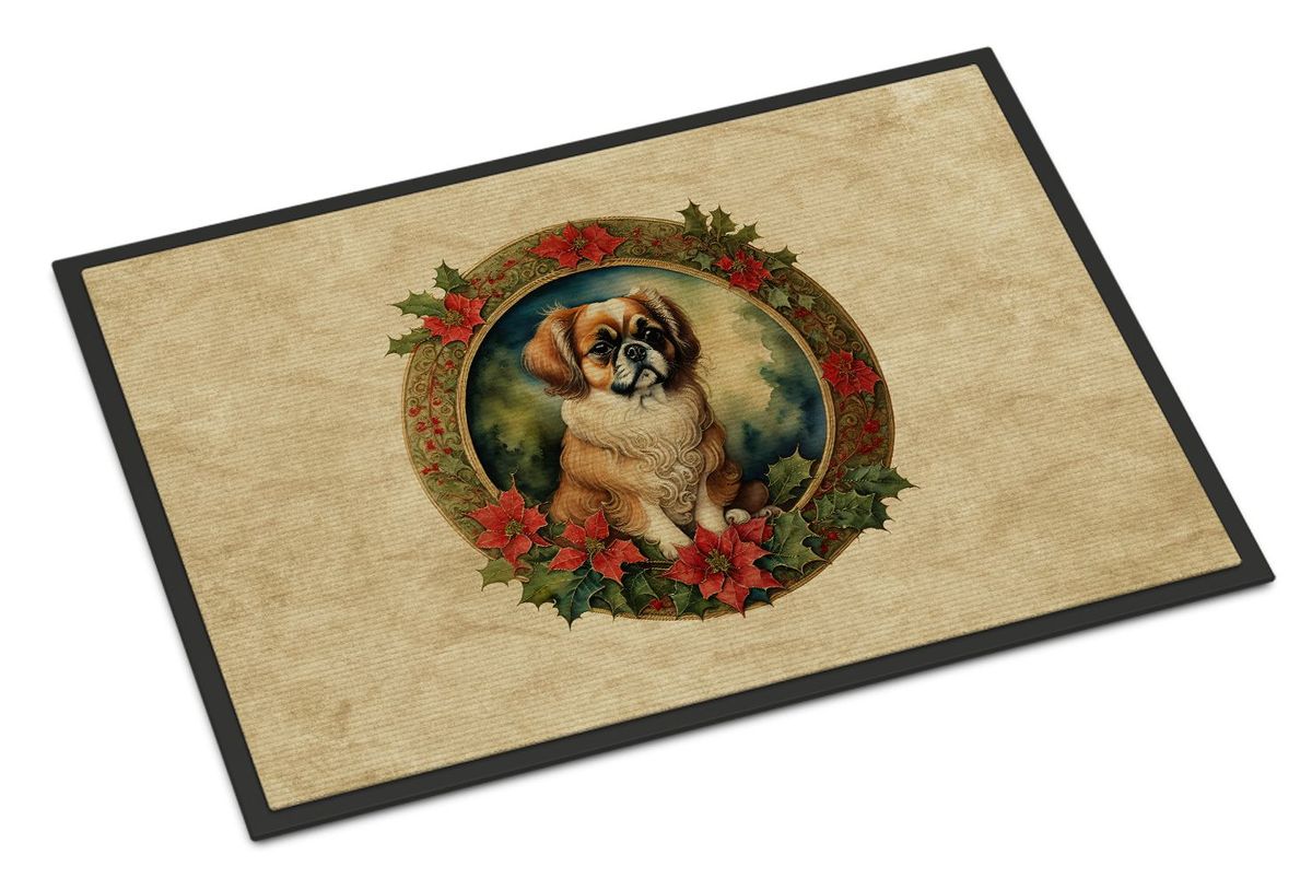 Tibetan Spaniel Christmas Flowers Doormat Front Door Mat Indoor Outdoor Rugs For Entryway, Non Slip Washable Low Pile, 24H X 36W_maomaolike.com
