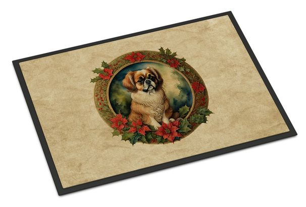 Tibetan Spaniel Christmas Flowers Doormat Front Door Mat Indoor Outdoor Rugs For Entryway, Non Slip Washable Low Pile, 24H X 36W_maomaolike.com