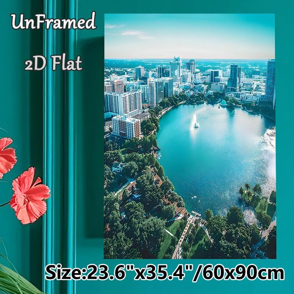 Urban Lakeside Cityscape Painting Poster, Vibrant Aerial View Modern City With Lake & Fountain Poster, Serene Urban Scenery Ideal For Home Office_maomaolike.com