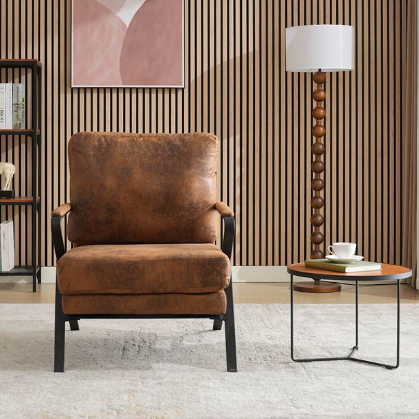 Mid-Century Modern Chair Upholstered Lounge Arm Chair With Iron Frame And Thicker Cushion For Living Room, Reading, Balcony,Brown_maomaolike.com
