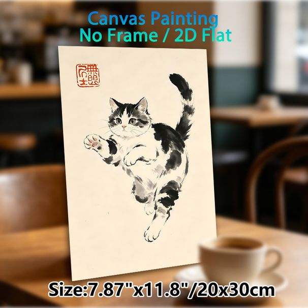 Playful Cat Painting Poster, Elegant Chinese Ink Wash Style Poster, Delicate Black-and-white Cat With Raised Paw, Brings Gentle Artistic Vibe For_maomaolike.com