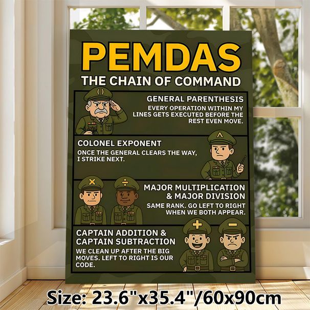 PEMDAS Math Order Painting Poster, Cartoon Military-style Illustrated Math Operations Poster, Practical Math Learning Guide, Suitable For Classroom_maomaolike.com
