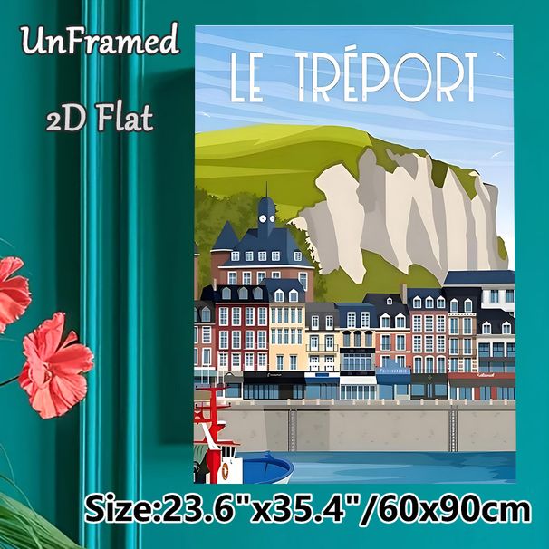 Le Tréport Coastal Town Travel Painting Poster, Vibrant Retro Illustrated Seaside Town Scene Poster, Charming Nostalgic Decor Ideal For Home, Living_maomaolike.com
