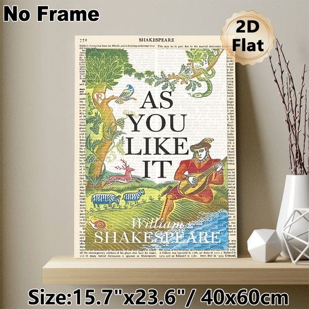Shakespeare's As You Like It Painting Poster, Vintage Literary Style Illustrated Poster, Woodland Scene With Bard & Forest Animals, Infuses Classic_maomaolike.com