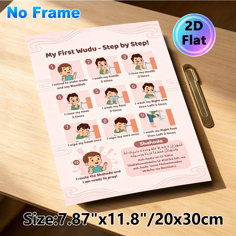 Wudu Step-by-Step Guide Painting Poster, Cute Cartoon Illustrated Islamic Ritual Steps Poster, Clear Step-by-step Guidance For Religious Preparation_maomaolike.com