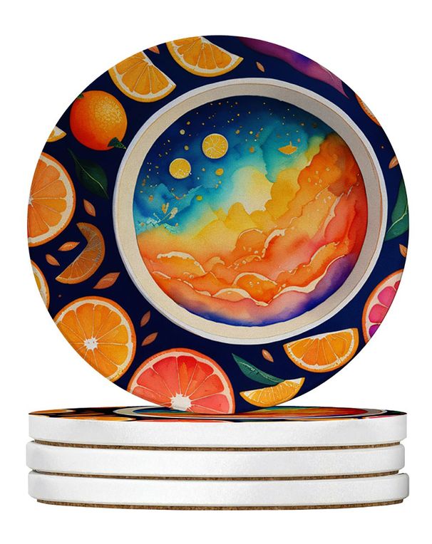 Colorful Oranges Large Sandstone Coasters Pack Of 4 Absorbent Round Coasters Decor Gifts For Men Or Women, 4 In, Multicolor_maomaolike.com