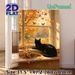 Autumn Window Cat Painting Poster, Warm-toned Idyllic Scene Poster, Cozy Tranquil Autumn View With Black Cat, Falling Leaves And Birds, Ideal For_maomaolike.com