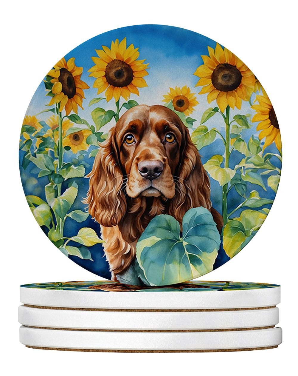 English Cocker Spaniel In Sunflowers Large Sandstone Coasters Pack Of 4 Absorbent Round Coasters Decor Gifts For Men Or Women, 4 In, Multicolor_maomaolike.com