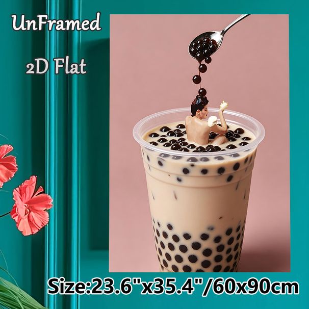 Surreal Boba Milk Tea Painting Poster, Whimsical Artistic Poster, Eye-catching Creative Design Featuring Figure Soaking In Boba Milk Tea, Ideal For_maomaolike.com