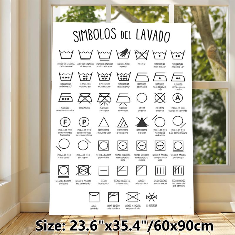 Spanish Laundry Symbols Guide Painting Poster, Minimalist Black & White Graphic Poster, Practical Laundry Care Reference Ideal For Home Laundry Room_maomaolike.com