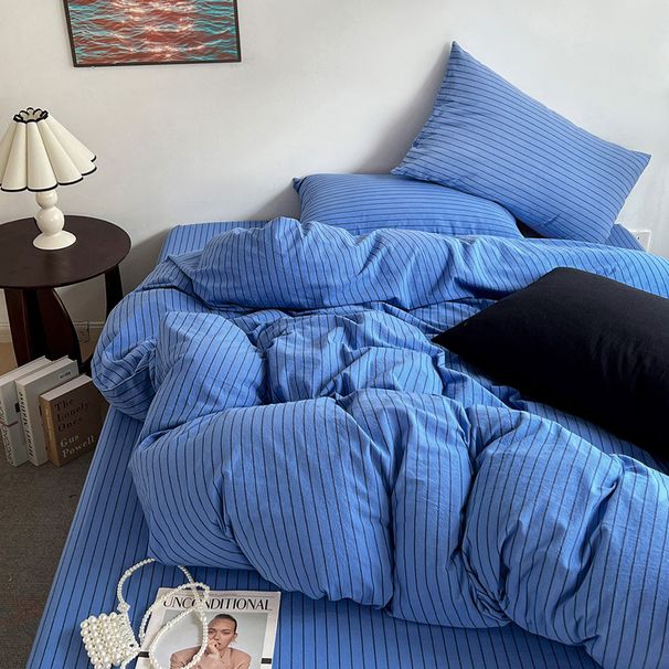 Wholesale INS American Style Yarn-Dyed Minimalist Striped Pure Four-Piece All-Cotton Vintage Mid-Century Washed Cotton 4-Piece Set_maomaolike.com