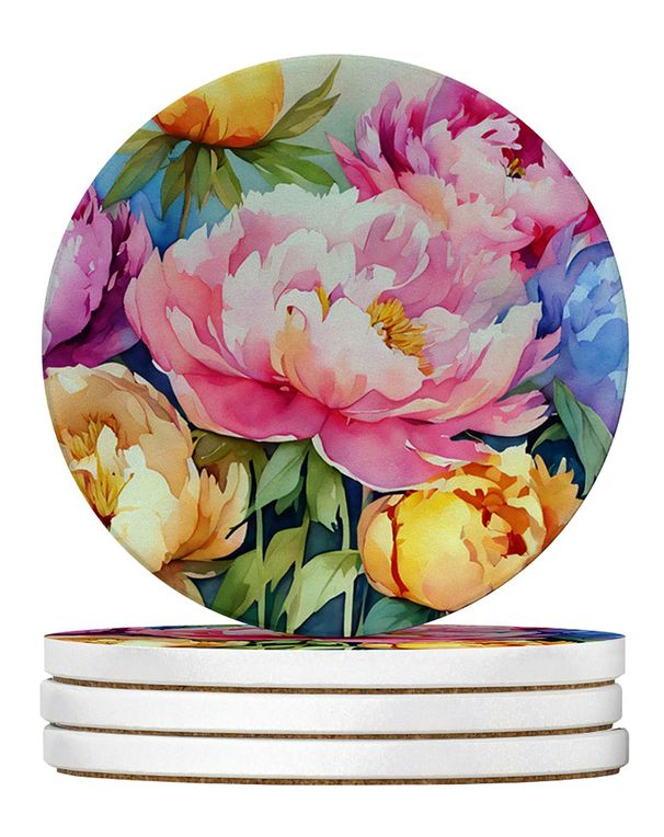 Peonies In Watercolor Large Sandstone Coasters Pack Of 4 Absorbent Round Coasters Decor Gifts For Men Or Women, 4 In, Multicolor_maomaolike.com