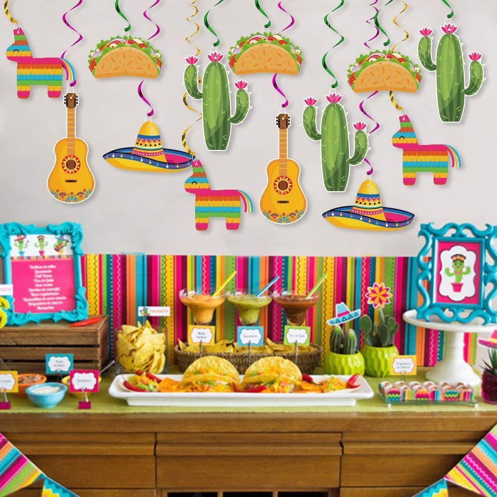 20Pcs Mexican Fiesta Hanging Swirl Decorations Mexican Cinco De Mayo Party Favor Supplies Pinata Cactus Sombrero Taco Pattern Foil Ceiling Ornament For Carnival Birthday Bachelorette Party Decor_maomaolike.com