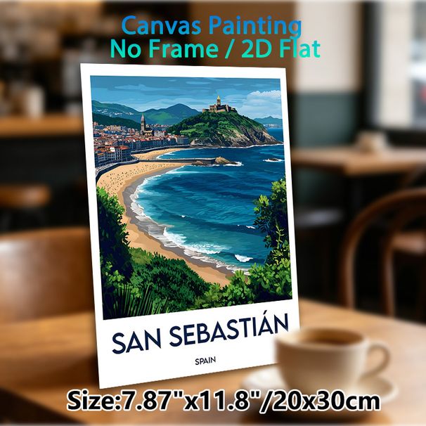 San Sebastián Coastal City Travel Landscape Painting Poster, Vibrant Stylized Seaside Cityscape With Curving Beach & Hillside Fortress Poster_maomaolike.com