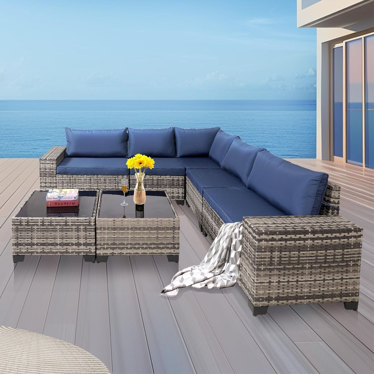 7-Piece Outdoor Patio Furniture Sets, All-Weather Wicker Rattan Sectional Sofa, Modern Two Glass Coffee Table And Washable Seat Cushion(Grey Blue)_maomaolike.com