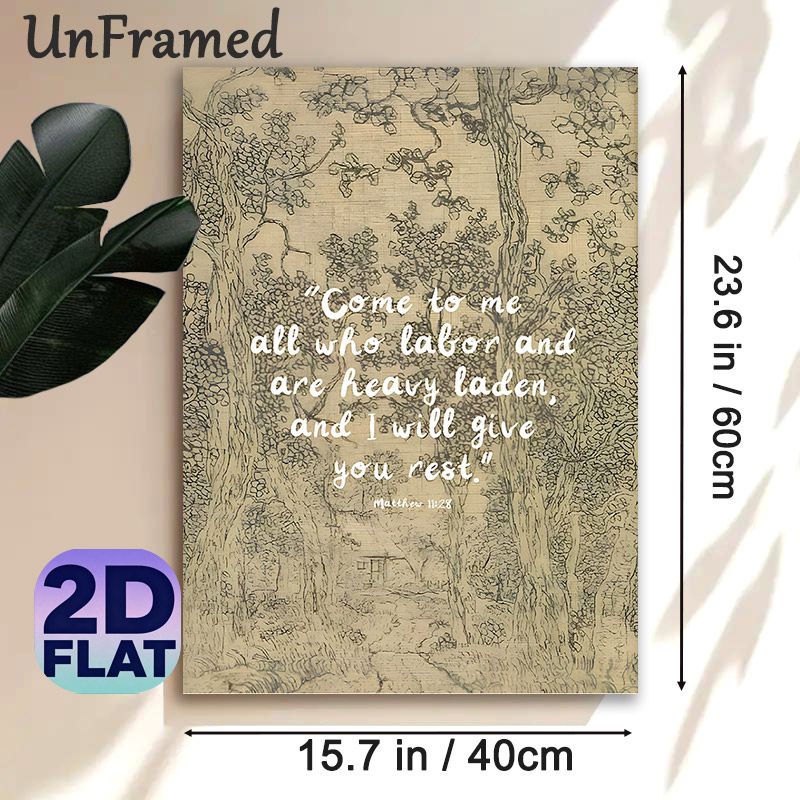 Bible Verse Matthew 11:28 Painting Poster, Vintage Sketch-style Hand-drawn Forest & Cottage Poster, Inspirational Religious Quote Decor For Home_maomaolike.com