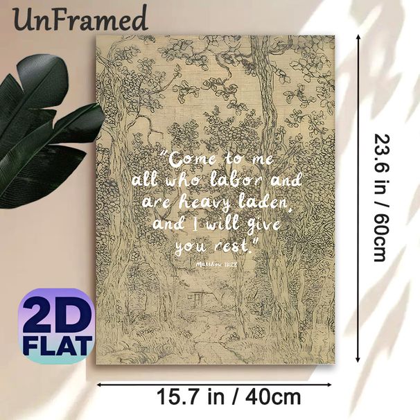 Bible Verse Matthew 11:28 Painting Poster, Vintage Sketch-style Hand-drawn Forest & Cottage Poster, Inspirational Religious Quote Decor For Home_maomaolike.com
