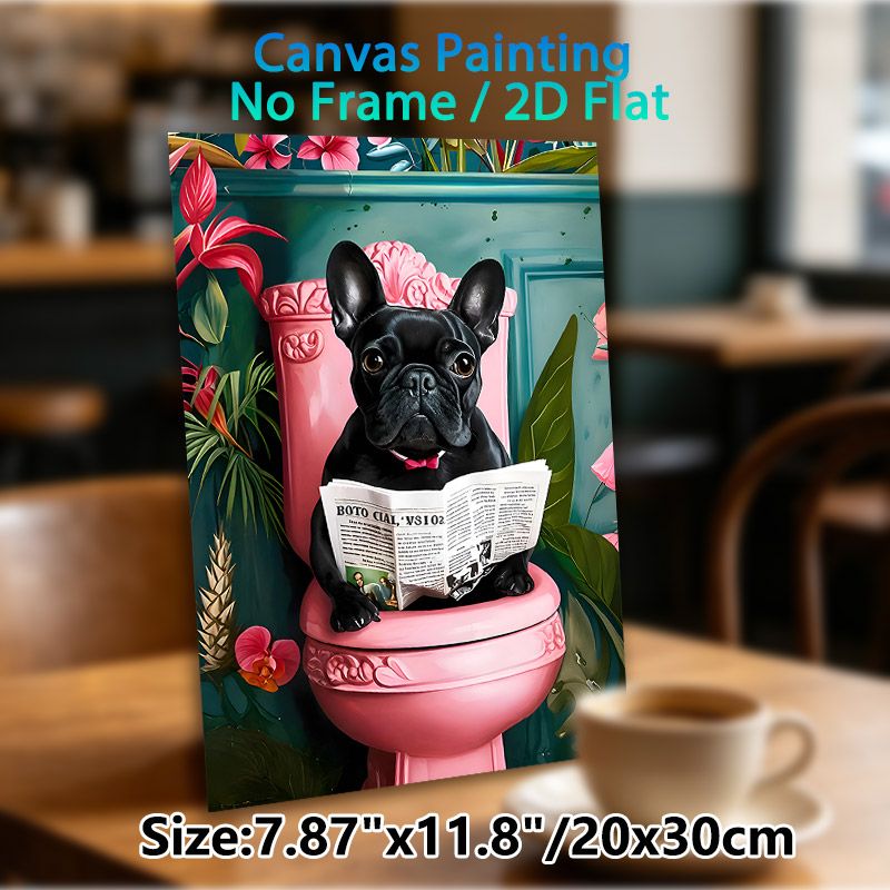 French Bulldog On Toilet Painting Poster, Vibrant Tropical Style Poster, Whimsical Black Bulldog Reading Newspaper Design, Playful Decorative Piece_maomaolike.com