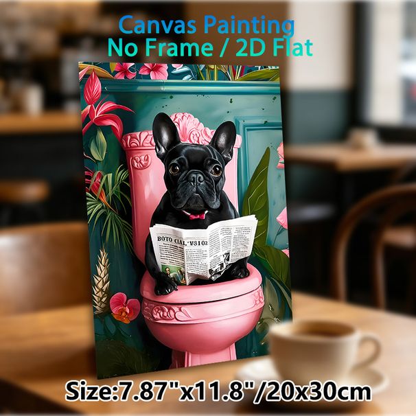 French Bulldog On Toilet Painting Poster, Vibrant Tropical Style Poster, Whimsical Black Bulldog Reading Newspaper Design, Playful Decorative Piece_maomaolike.com