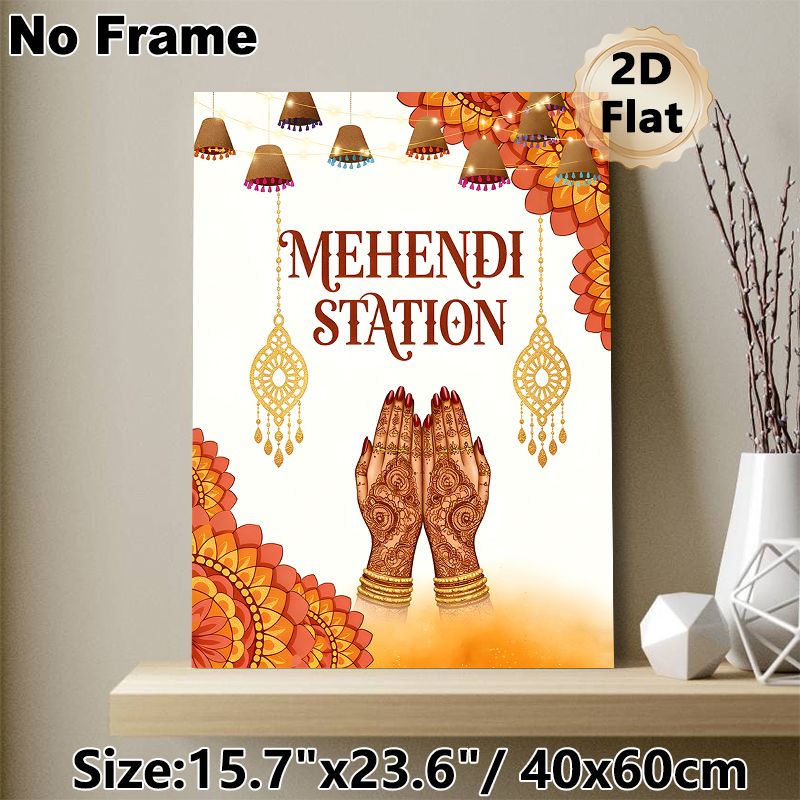 Mehendi Station Painting Poster, Exquisite Traditional Ethnic Style Poster, With Intricate Henna Hand Art & Festive Ornaments, Ideal For Wedding_maomaolike.com