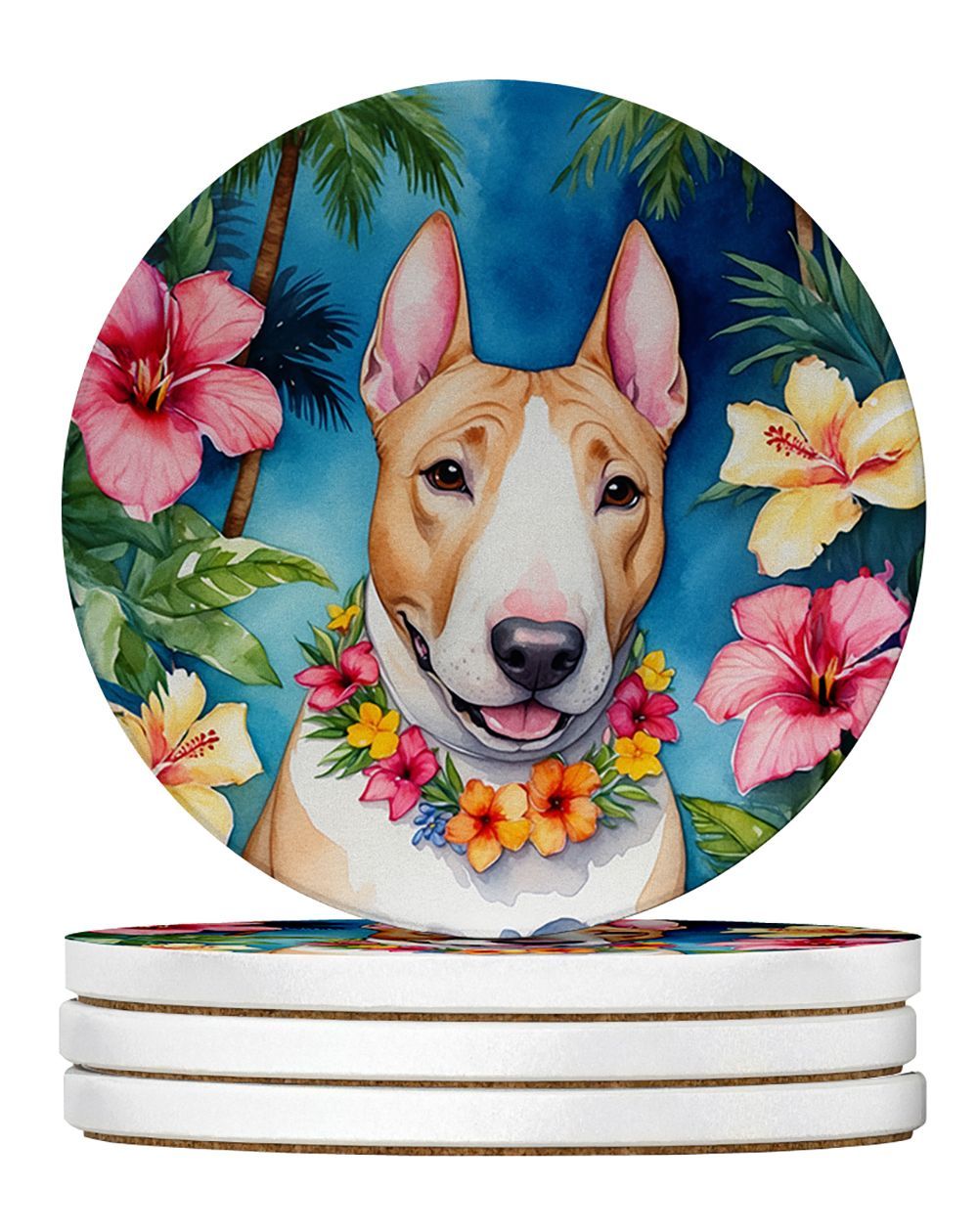 English Bull Terrier Luau Large Sandstone Coasters Pack Of 4 Absorbent Round Coasters Decor Gifts For Men Or Women, 4 In, Multicolor_maomaolike.com