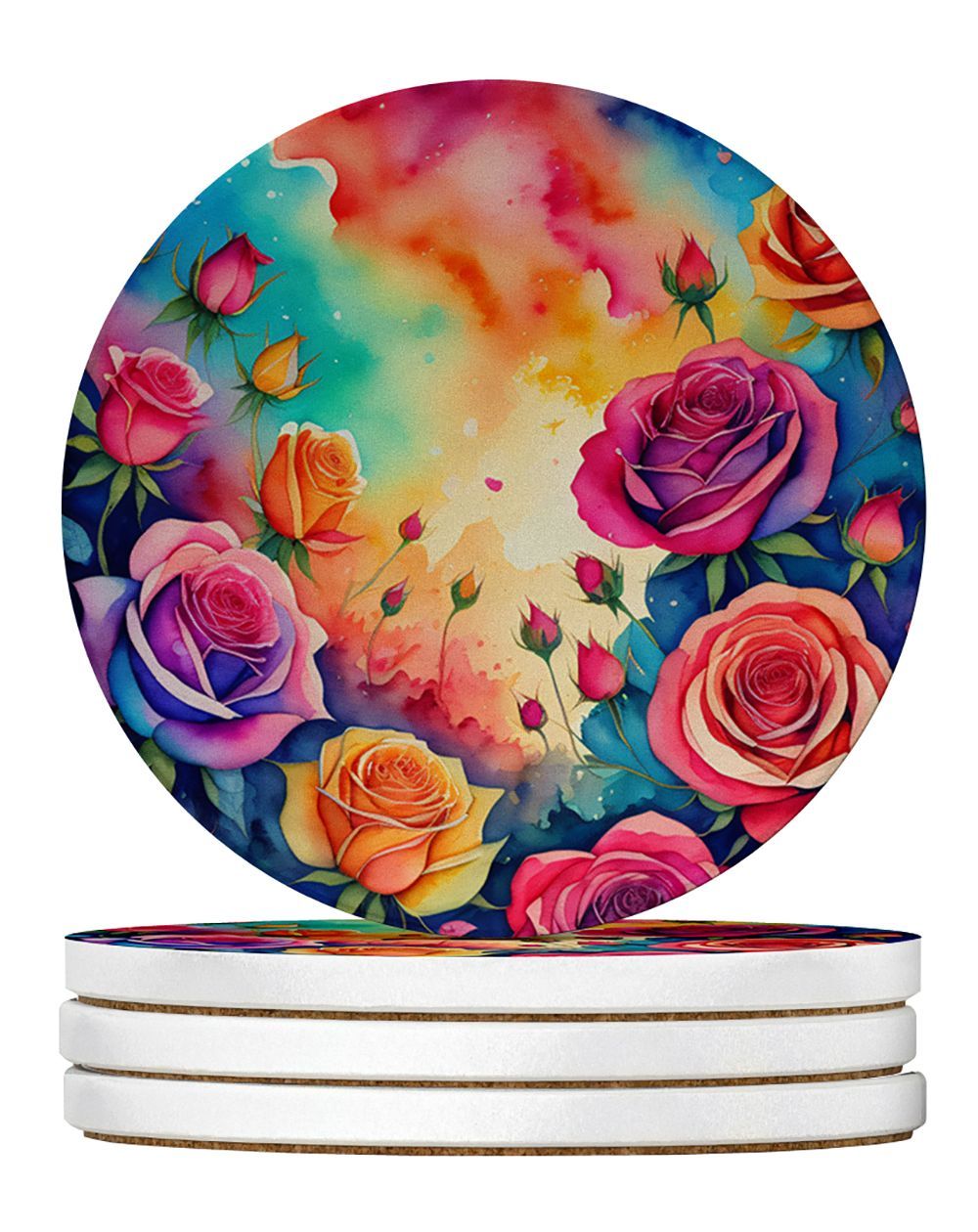 Colorful Roses Large Sandstone Coasters Pack Of 4 Absorbent Round Coasters Decor Gifts For Men Or Women, 4 In, Multicolor_maomaolike.com