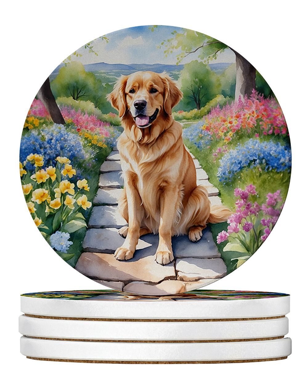 Golden Retriever Spring Path Large Sandstone Coasters Pack Of 4 Absorbent Round Coasters Decor Gifts For Men Or Women, 4 In, Multicolor_maomaolike.com
