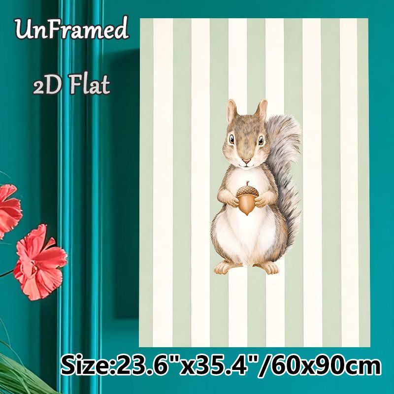 Squirrel Themed Painting Poster, Soft-hued Cute Squirrel Holding Acorn Poster, Warm Whimsical Design Ideal For Living Room, Bedroom Wall Decor_maomaolike.com