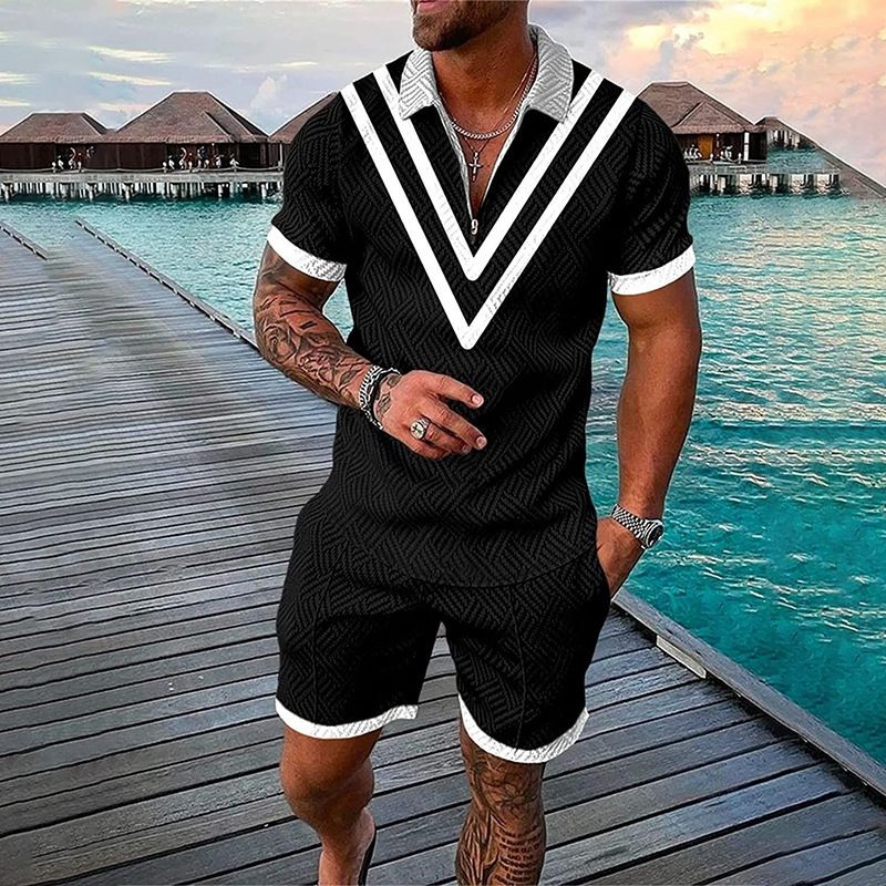 Men's Clothing fashion casual suit 3D printed zipper short sleeve polo shirt shorts 2-piece set_maomaolike.com
