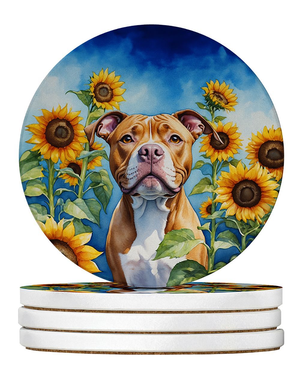 Pit Bull Terrier In Sunflowers Large Sandstone Coasters Pack Of 4 Absorbent Round Coasters Decor Gifts For Men Or Women, 4 In, Multicolor_maomaolike.com
