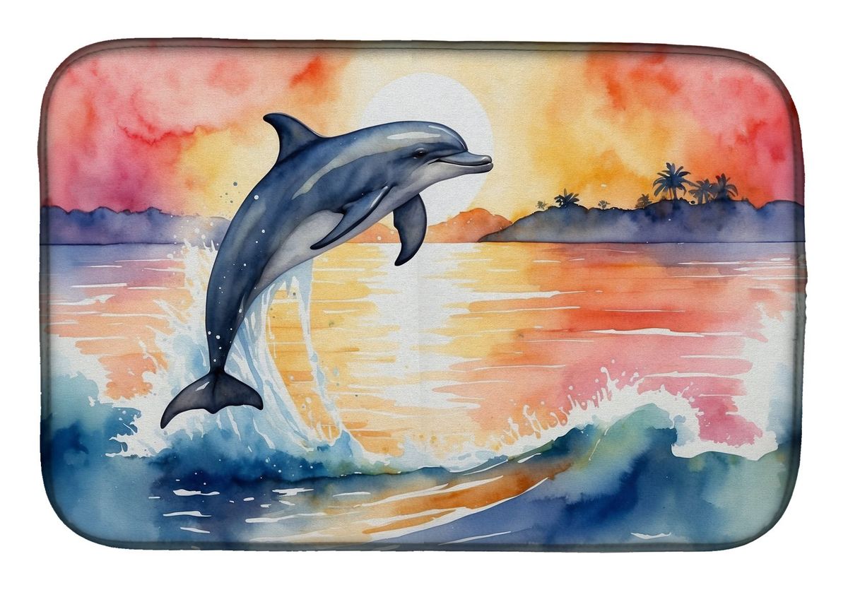 Dolphin Leaping At Sunrise Dish Drying Mat Absorbent Dish Drying Mat Pad For Kitchen Counter Dish Drainer Mat For Countertop, 14 X 21", Multicolor_maomaolike.com
