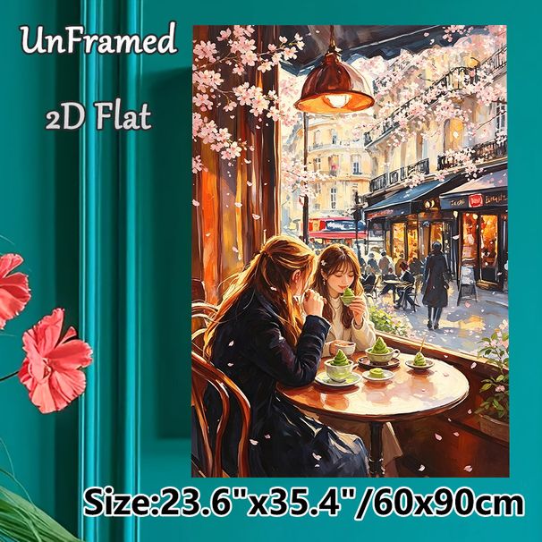 Cherry Blossom Cafe Gathering Painting Poster, Warm-toned Impressionist Poster, Serene Scene Of Friends Enjoying Treats By Cherry-blossom Lined_maomaolike.com