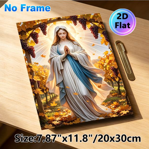 Blessed Virgin Mary Painting Poster, Serene Warm-toned Religious Figure With Radiant Halo In Autumn Vineyard Poster, Peaceful Spiritual Decor Suitable_maomaolike.com