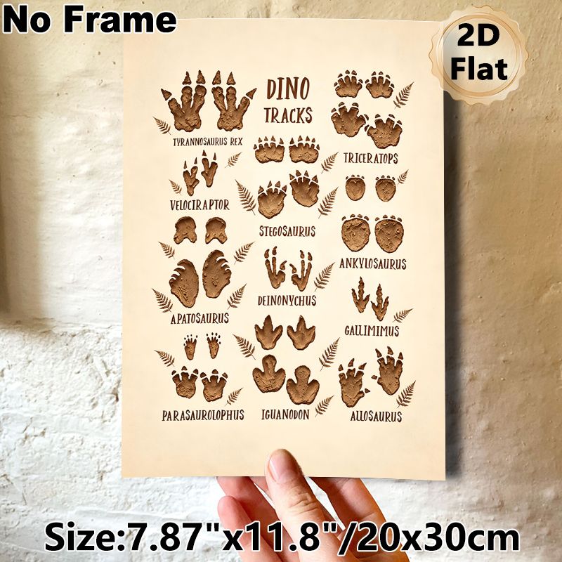 Dinosaur Tracks Painting Poster, Vintage Earth-toned Illustrated Diverse Dinosaur Footprints Poster, Educational Dinosaur-themed Decor Idea For Living_maomaolike.com