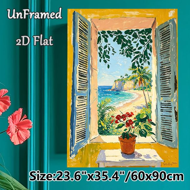 Coastal Window View Painting Poster, Vibrant Impressionist-style Poster, Scenic Seaside Beach With Lush Foliage & Potted Red Blooms, Brings Tranquil_maomaolike.com