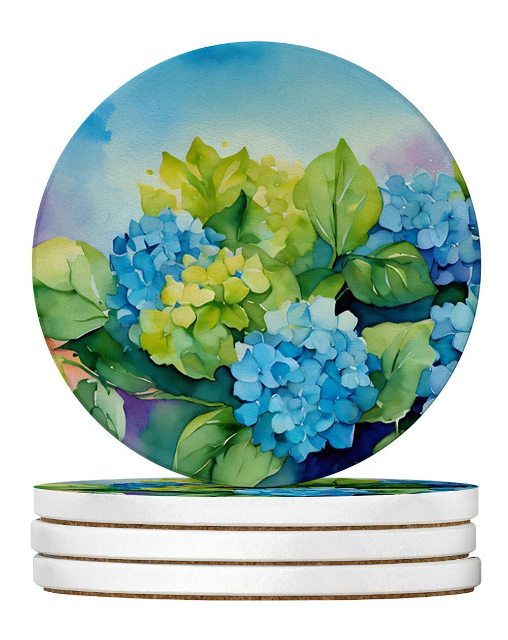 Hydrangeas In Watercolor Large Sandstone Coasters Pack Of 4 Absorbent Round Coasters Decor Gifts For Men Or Women, 4 In, Multicolor_maomaolike.com