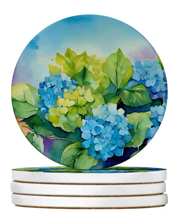 Hydrangeas In Watercolor Large Sandstone Coasters Pack Of 4 Absorbent Round Coasters Decor Gifts For Men Or Women, 4 In, Multicolor_maomaolike.com