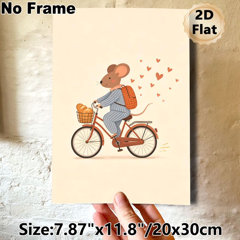Cycling Mouse Painting Poster, Soft-toned Cute Cartoon Poster, Whimsical Design Featuring Mouse In Striped Outfit Riding Bike With Bread Basket And_maomaolike.com