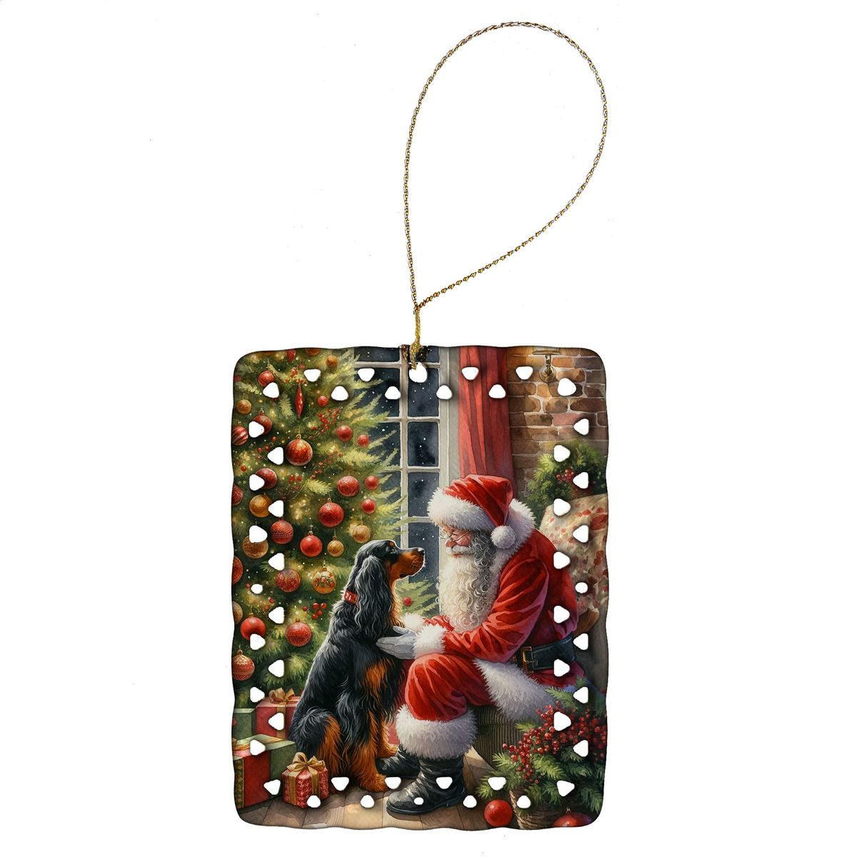 Gordon Setter And Santa Claus Porcelain Ornament Christmas Tree Hanging Decorations For Home Christmas Holiday, Rectangle, Gift, Multicolor_maomaolike.com