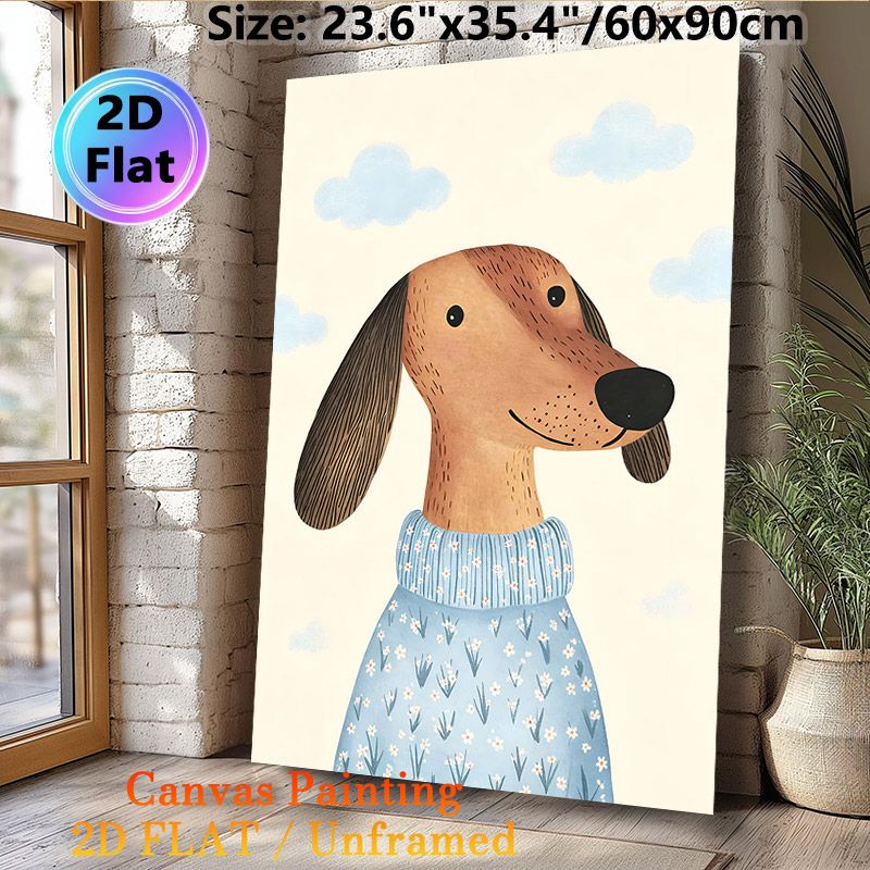 Dachshund Themed Painting Poster, Warm Cute Illustrated Dachshund In Floral Sweater With Cloud Backdrop Poster, Charming Decor Option For Living Room_maomaolike.com