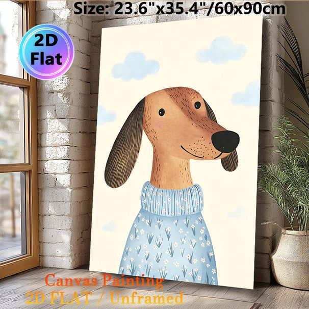 Dachshund Themed Painting Poster, Warm Cute Illustrated Dachshund In Floral Sweater With Cloud Backdrop Poster, Charming Decor Option For Living Room_maomaolike.com