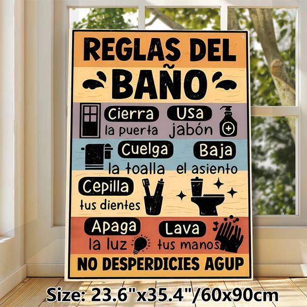 Bathroom Rules Painting Poster, Vintage Color-blocked Spanish-style Bathroom Guidelines Poster, Provides Clear Bathroom Etiquette Reminders, Ideal For_maomaolike.com