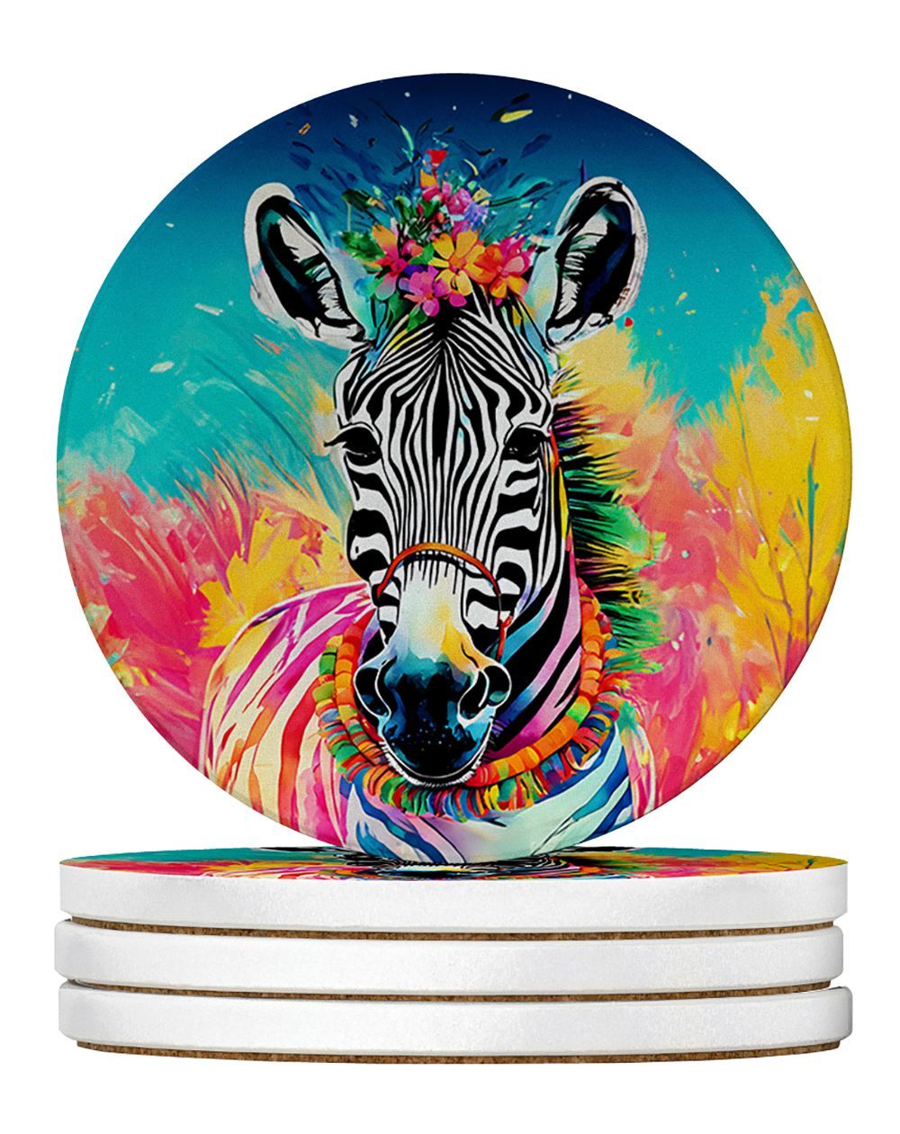 Hippie Animal Zebra Large Sandstone Coasters Pack Of 4 Absorbent Round Coasters Decor Gifts For Men Or Women, 4 In, Multicolor_maomaolike.com