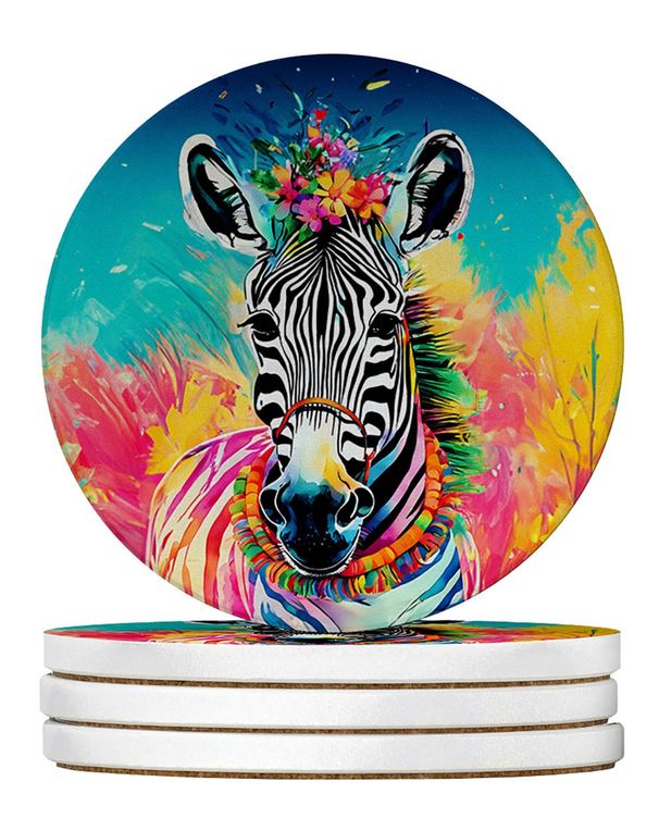 Hippie Animal Zebra Large Sandstone Coasters Pack Of 4 Absorbent Round Coasters Decor Gifts For Men Or Women, 4 In, Multicolor_maomaolike.com