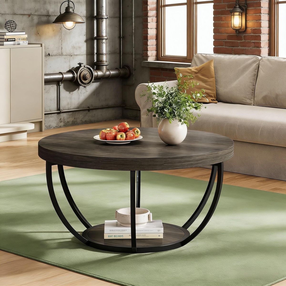 Wooden Coffee Table, 2-Tier Round Central Cocktail Table With Shelvesg_maomaolike.com
