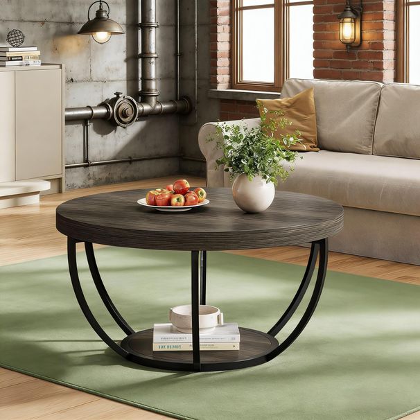 Wooden Coffee Table, 2-Tier Round Central Cocktail Table With Shelvesg_maomaolike.com
